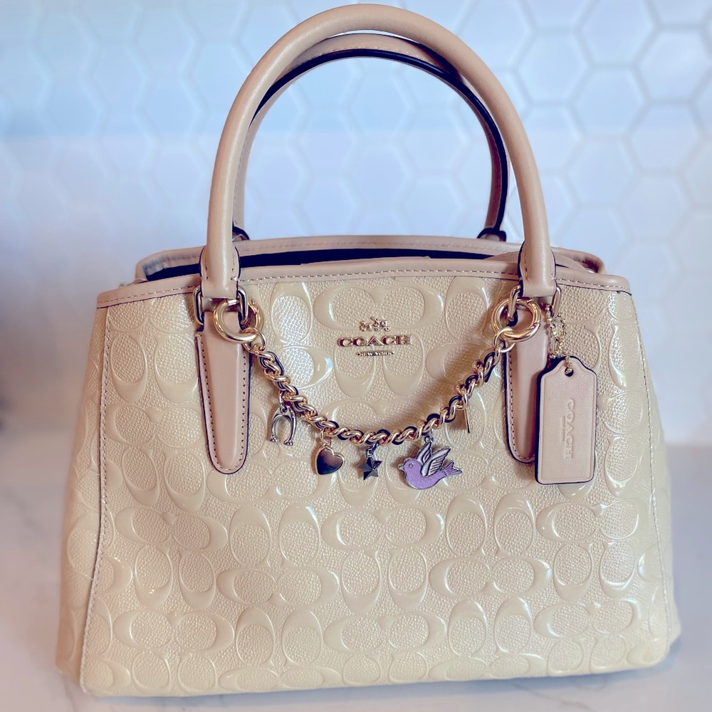 NWOT Coach Signature Platinum Patent Leather Small Margot Embossed Satchel